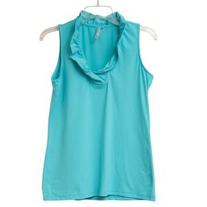 Lulu B Womens XS Aqua Blue Sleeveless Ruffle Neck Golf Polo Shirt Resort Preppy